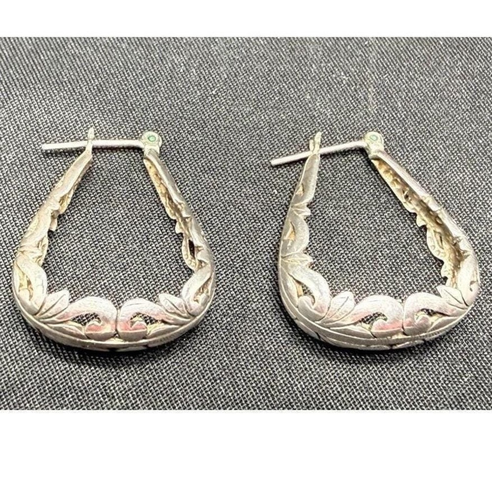 Vintage Sterling Silver Filigree Teardrop Hoop Earrings Ornate Floral Scroll 1in